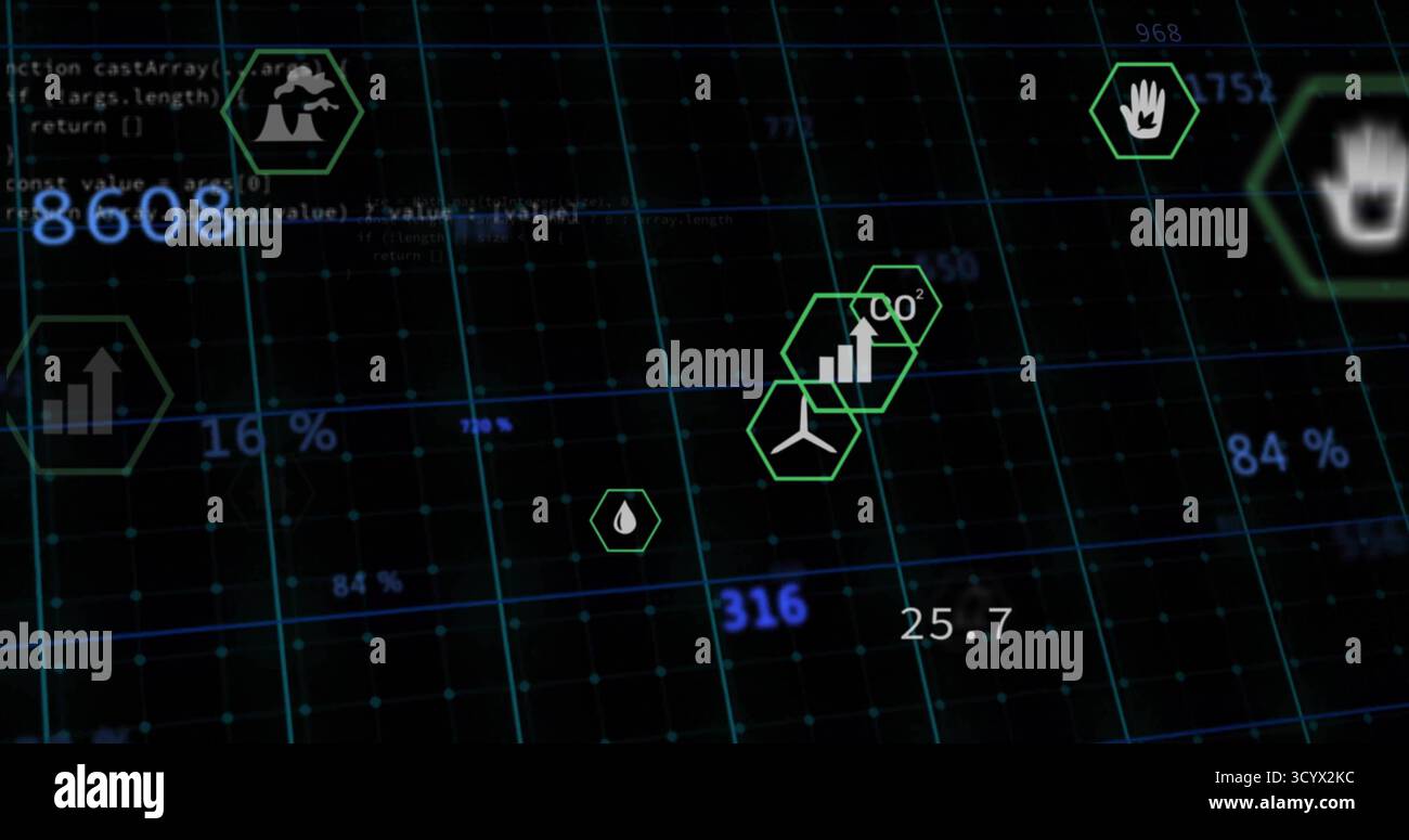 Displaying virtual control-panel showing green hexagon icons over 3D ...