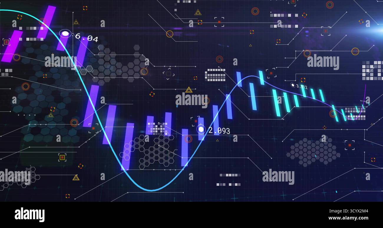 Data chart displaying on dark analytics interface, with cyan sine curve and violet-turquoise bars Stock Photo