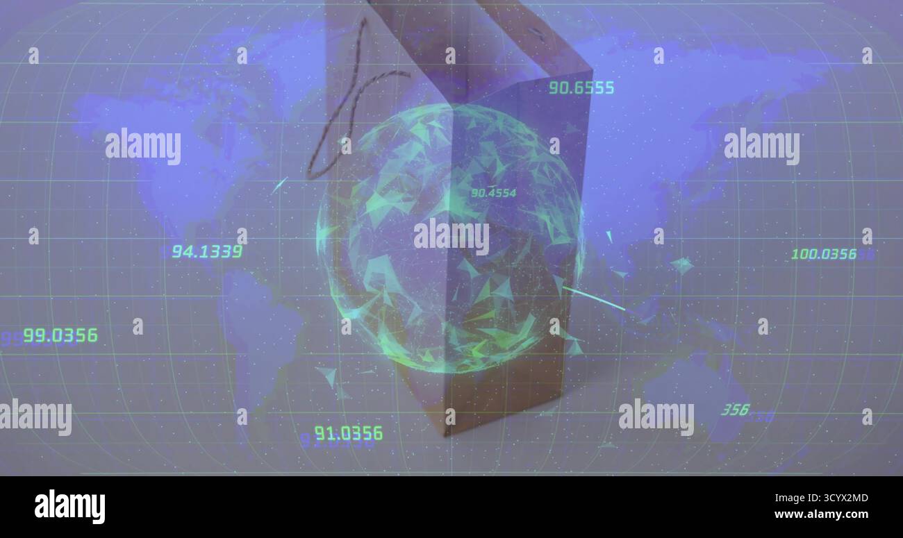 Rotating glowing green globe in virtual dashboard, with brown bag, map grid and numeric labels Stock Photo