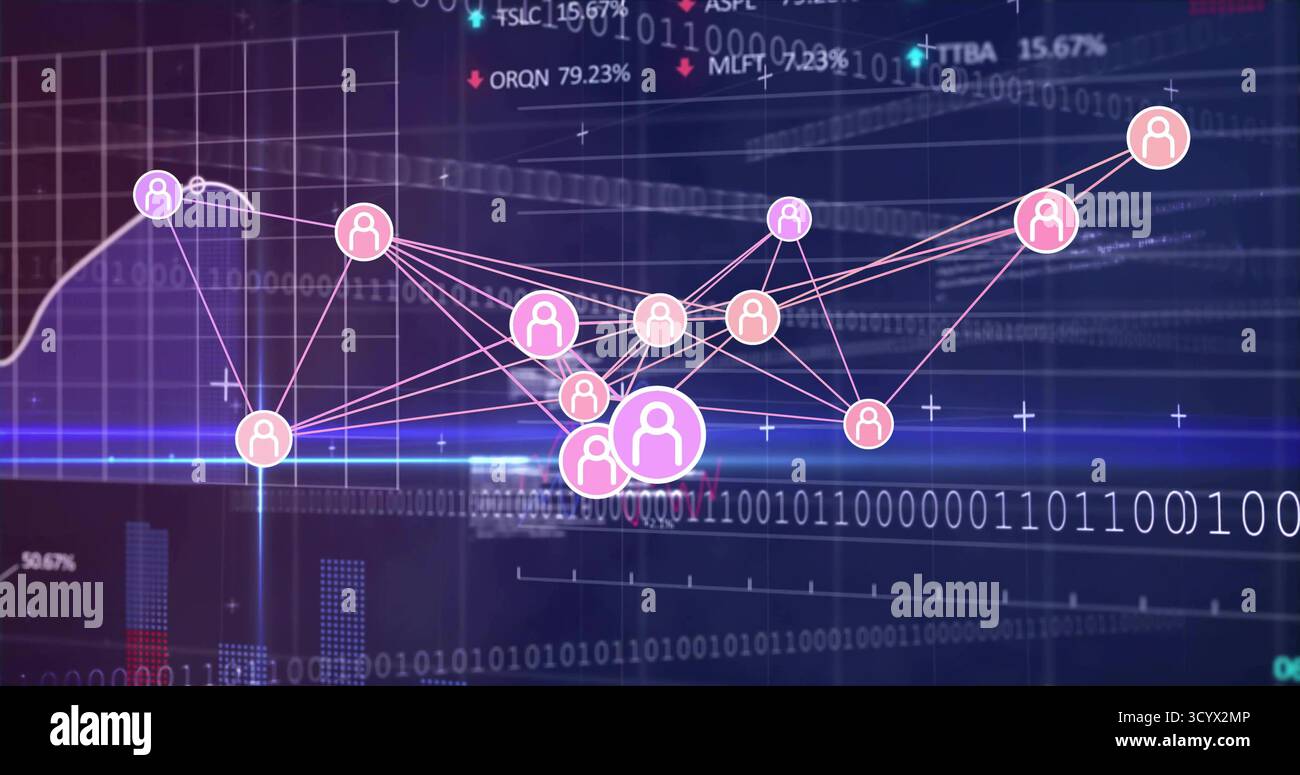 Displaying network graph of pink user icons interconnecting on data dashboard, with binary overlay Stock Photo