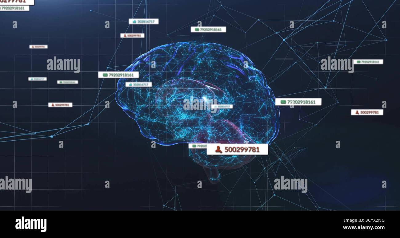 Glowing 3D brain hologram hovering over grid interface, displaying network mesh lines and data tags Stock Photo