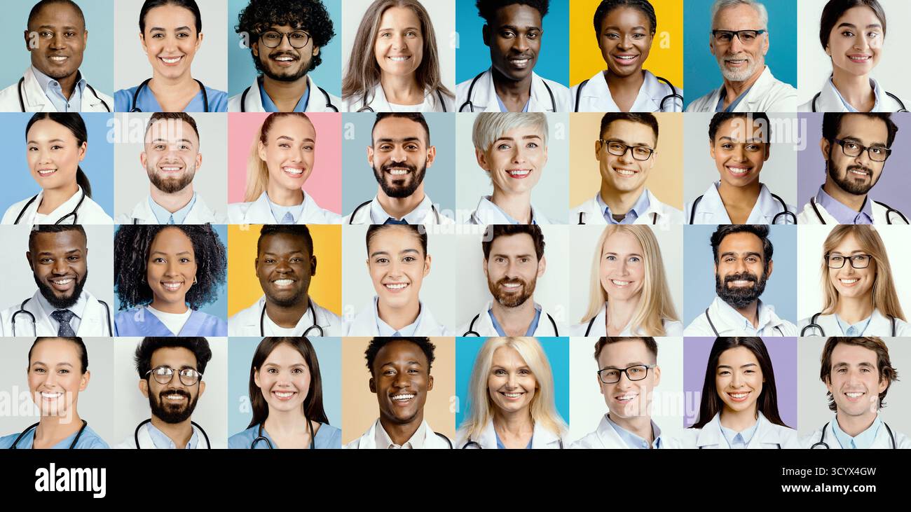 Diverse Group of Healthcare Professionals Smiling in a Colorful Collage Stock Photo