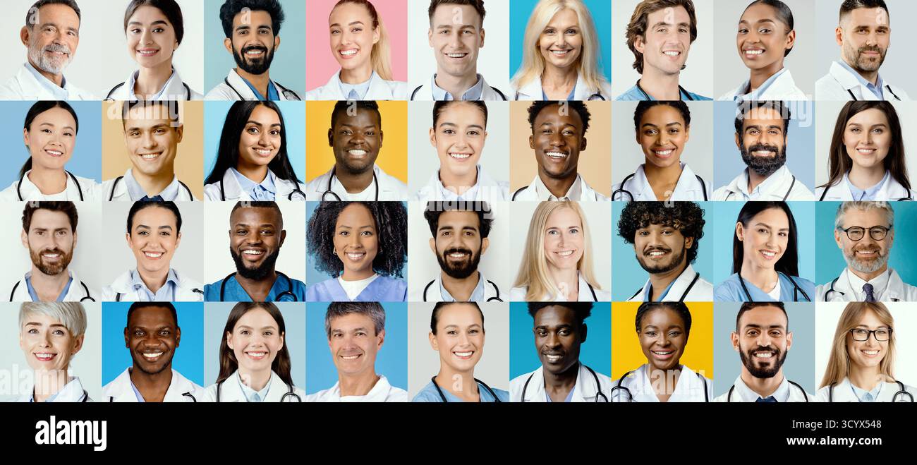 Diverse Group of Healthcare Professionals Smiling in a Cheerful Collage Stock Photo