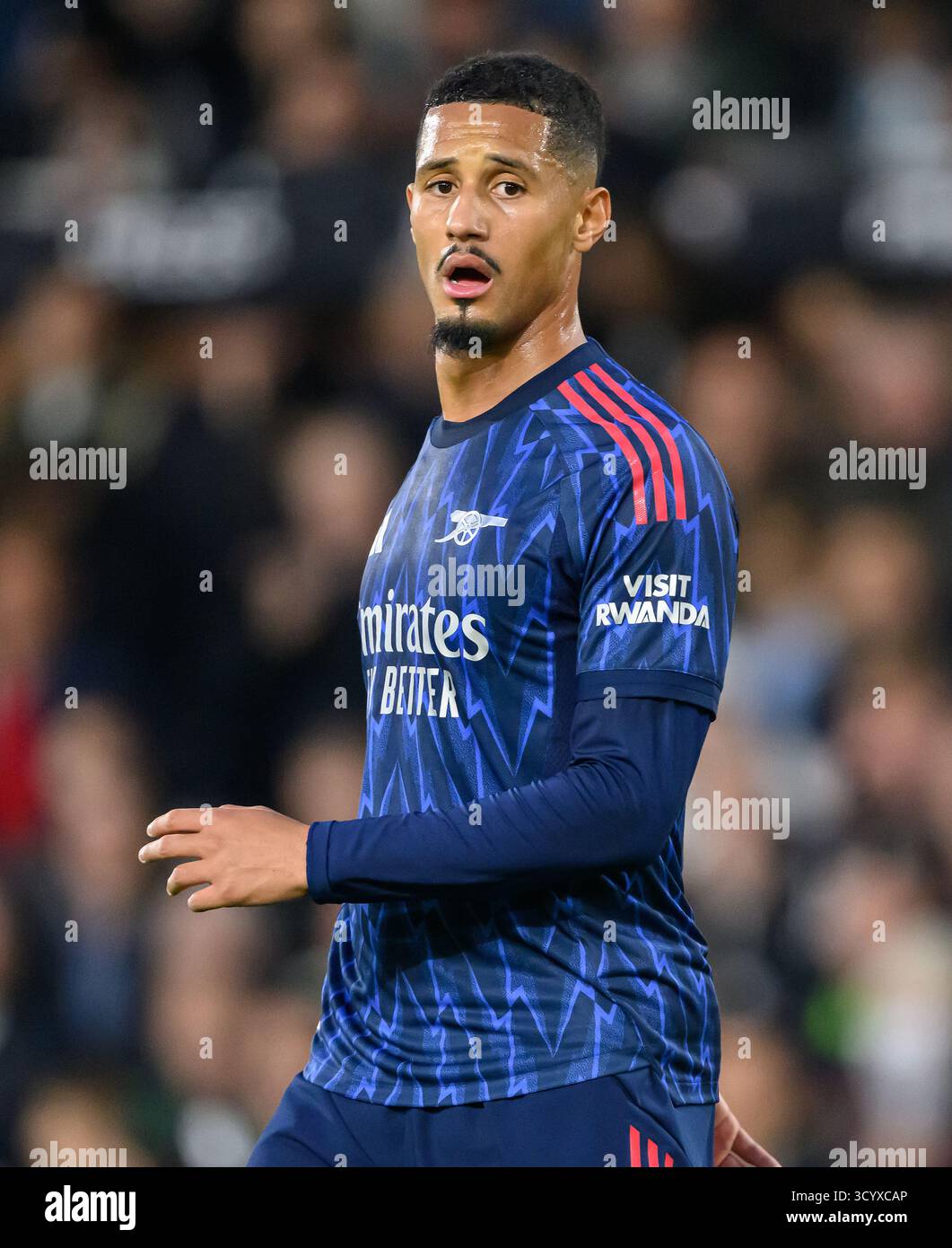 London, UK. 18th Oct, 2025. Fulham v Arsenal - Premier League - Craven Cottage - London. Arsenal's William Saliba in action. Picture Credit: Mark Pain/Alamy Live News Stock Photo