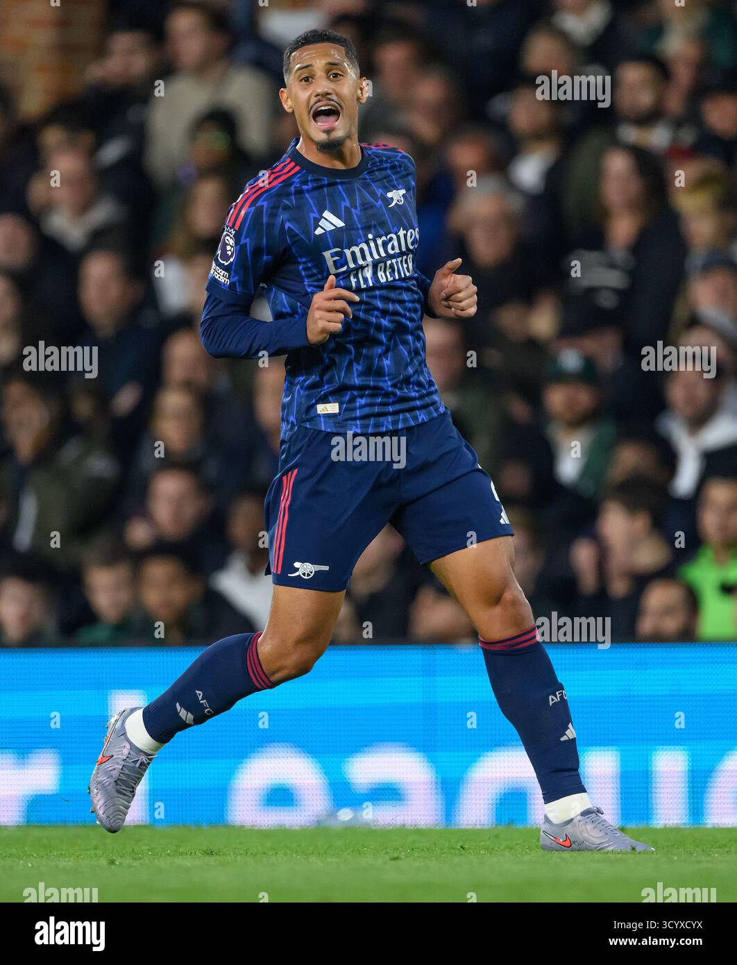 London, UK. 18th Oct, 2025. Fulham v Arsenal - Premier League - Craven Cottage - London. Arsenal's William Saliba in action. Picture Credit: Mark Pain/Alamy Live News Stock Photo