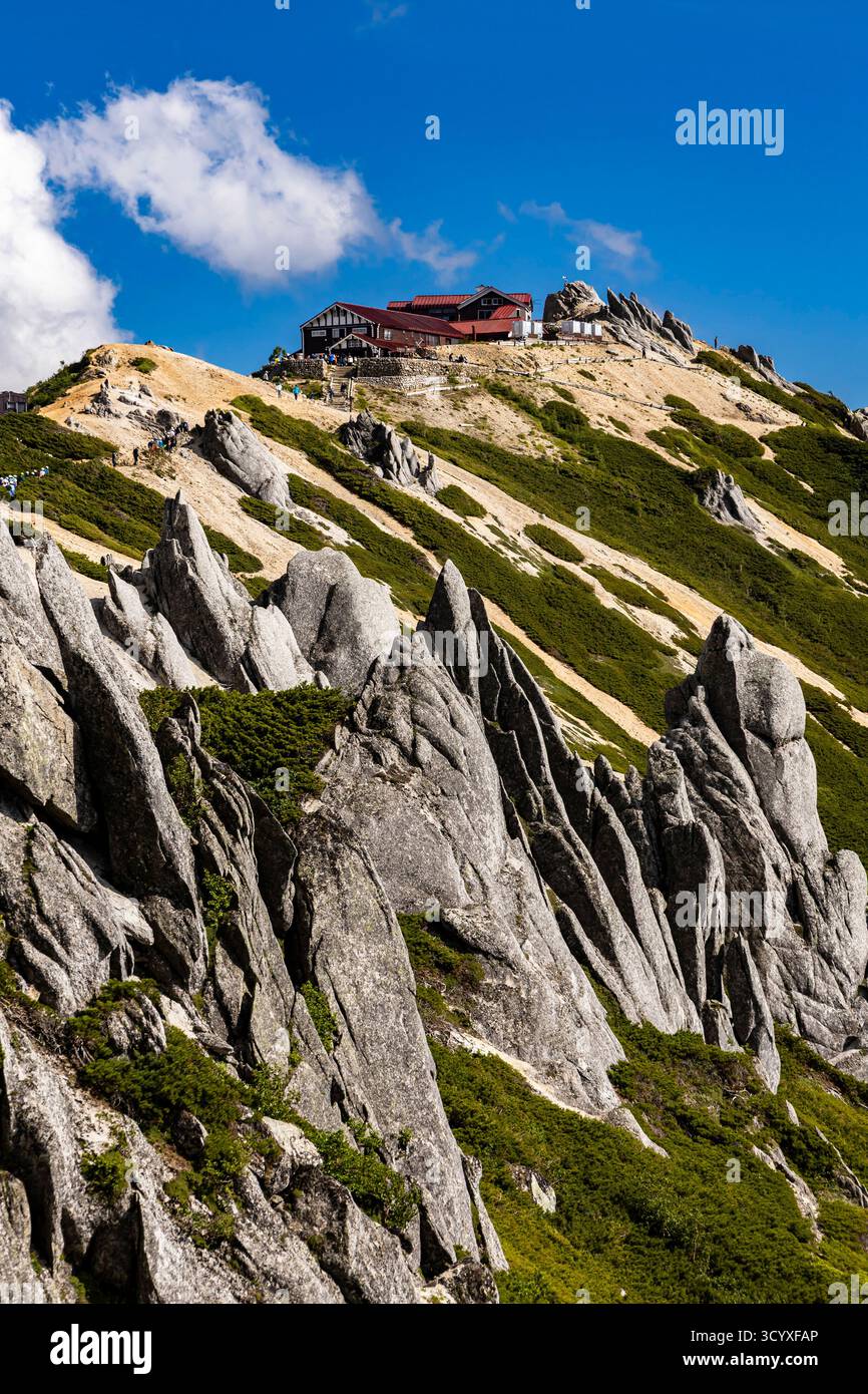 Tsubakuro-dake(Mount Tsubakuro) trekking, view of Enzanso(Enzan-so, one of best cottage), Azumino city, Nagano, Japan, Asia Stock Photo