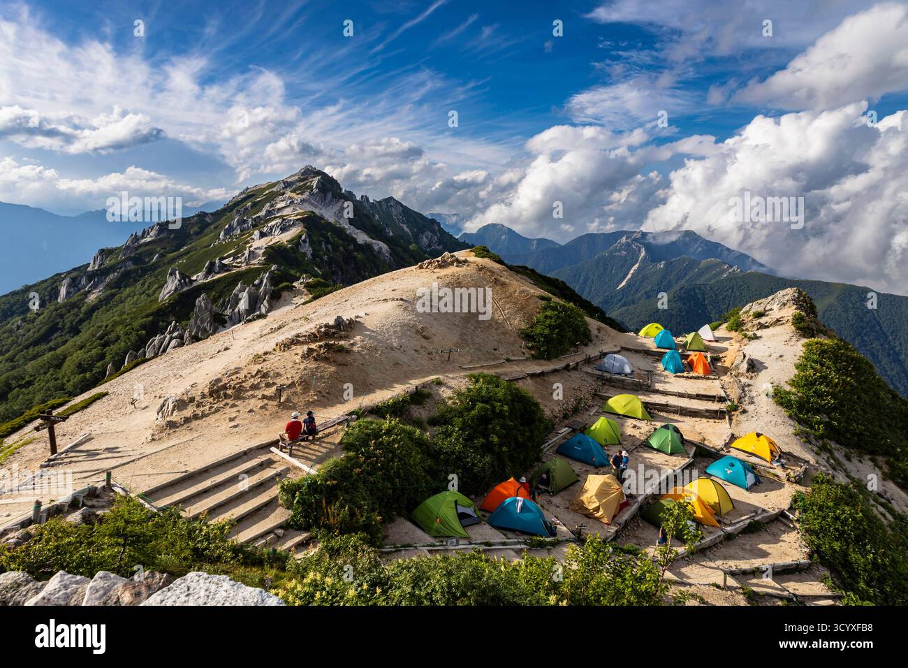 Tsubakuro-dake(Mount Tsubakuro), view of peak and camping site, from Enzanso(one of best trekkers cottage), Azumino city, Nagano, Japan, Asia Stock Photo