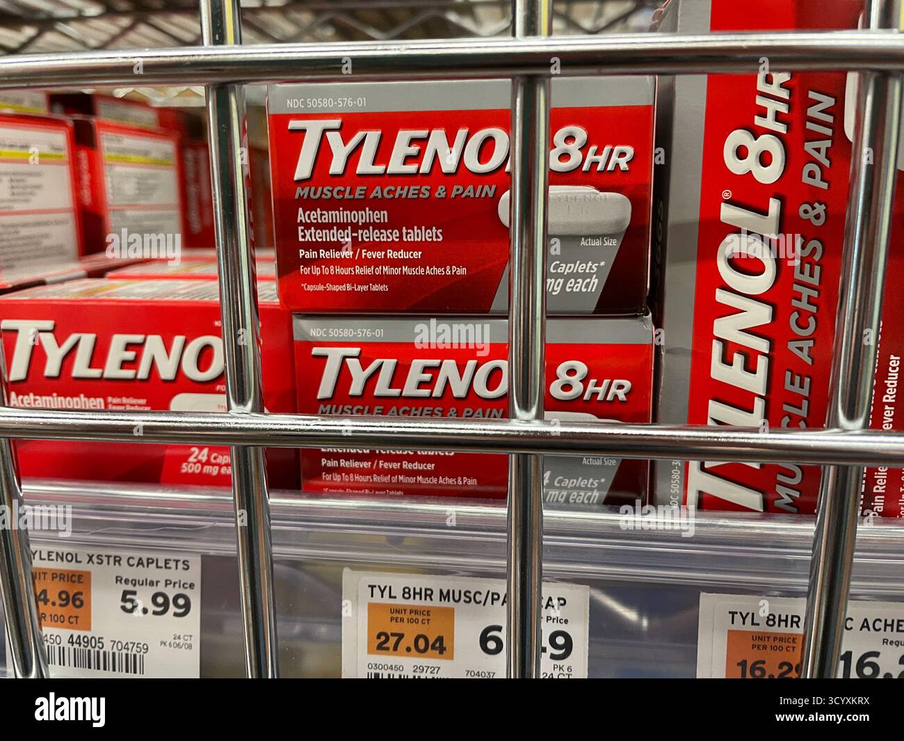 Tylenol is kept behind anti-theft bars in Fairway supermarket in Kips Bay, 2025, New York City, United States - Smartphone Captured Stock Image