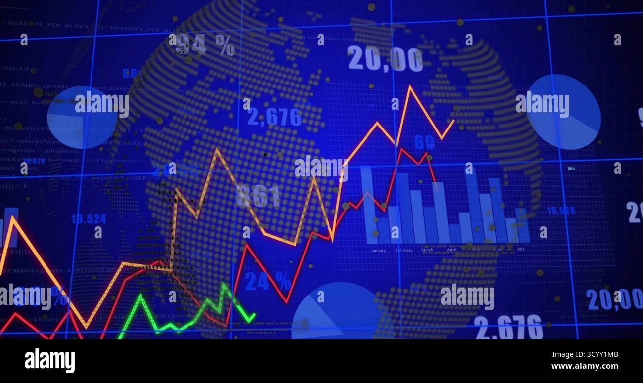 Displaying dashboard on dark blue grid interface, with line graphs, bar chart and world map overlay Stock Photo