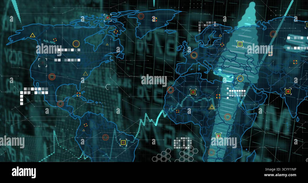 Displaying world map with dynamic line graph and data streams over hex patterns in data dashboard Stock Photo