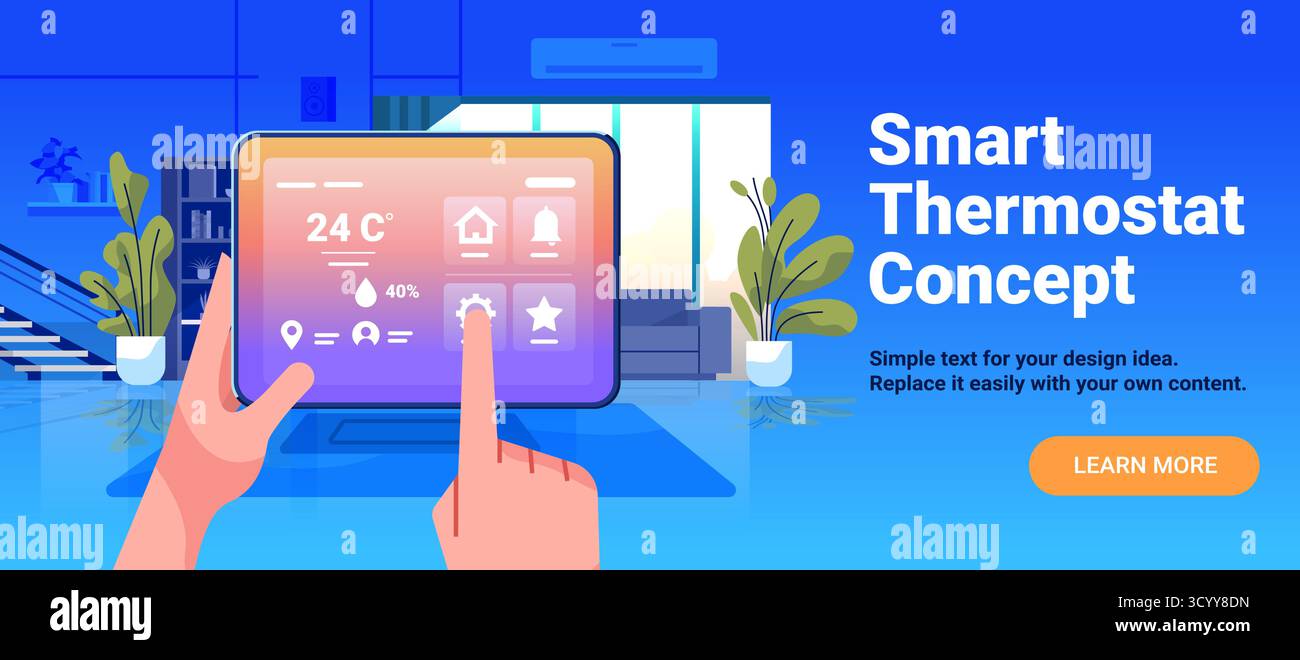 Smart thermostat concept home automation control tablet hand adjusting ...