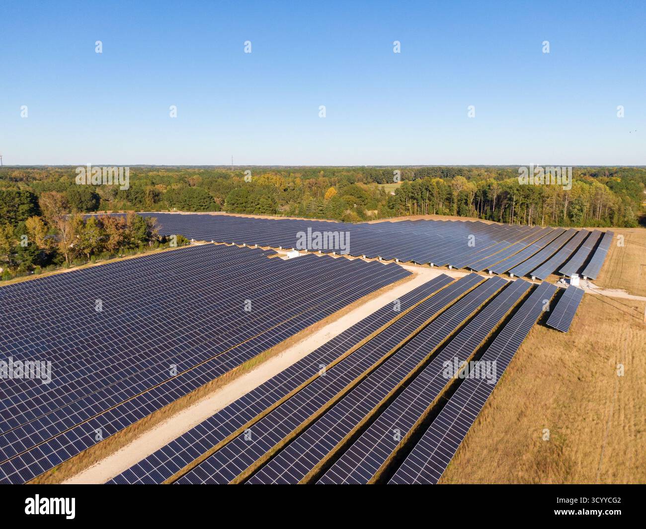 Drone Aerial View of Large Utility-Scale Solar Farm Array in Zebulon ...