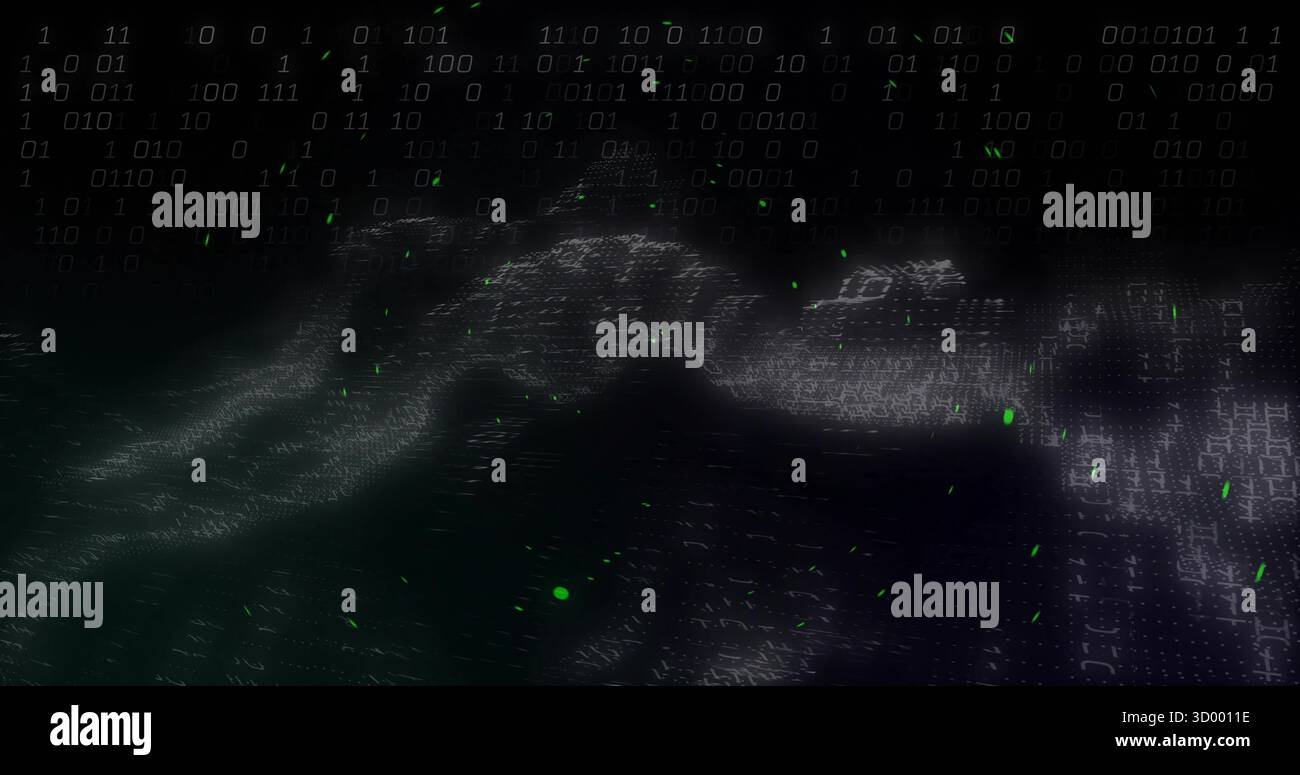 Forming central wave-like binary streams flowing virtual grid, with glowing green code specks Stock Photo