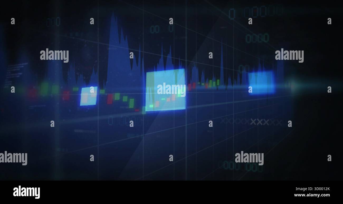 Displaying 3D finance data floating in dark grid interface, with glowing panels and candlesticks Stock Photo