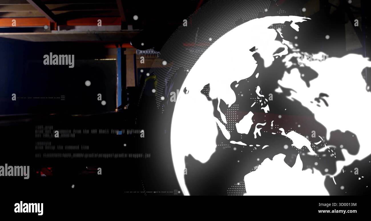 Rotating stylized globe graphic hovering in data center with streaming code, racks, data particles Stock Photo