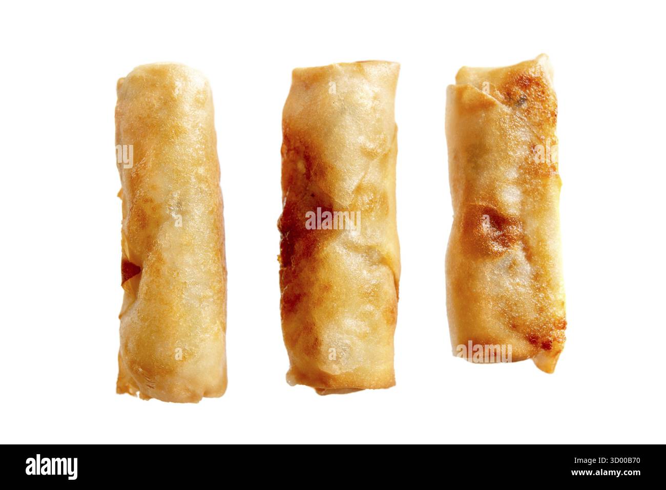 Three deep fried spring rolls isolated on white background Stock Photo