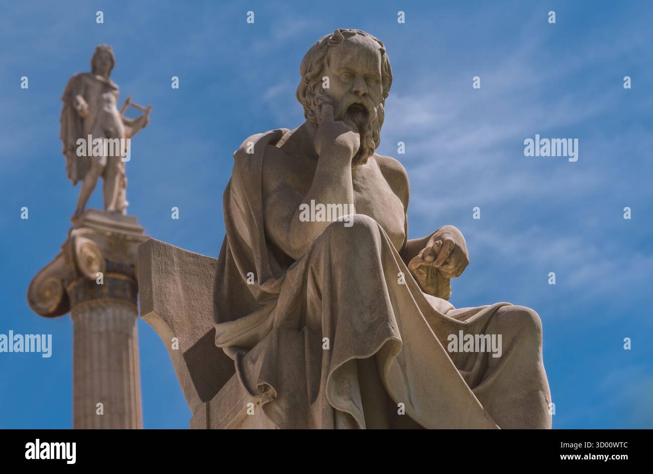 Statue of ancient Greek philosopher Socrates with the statue of god ...