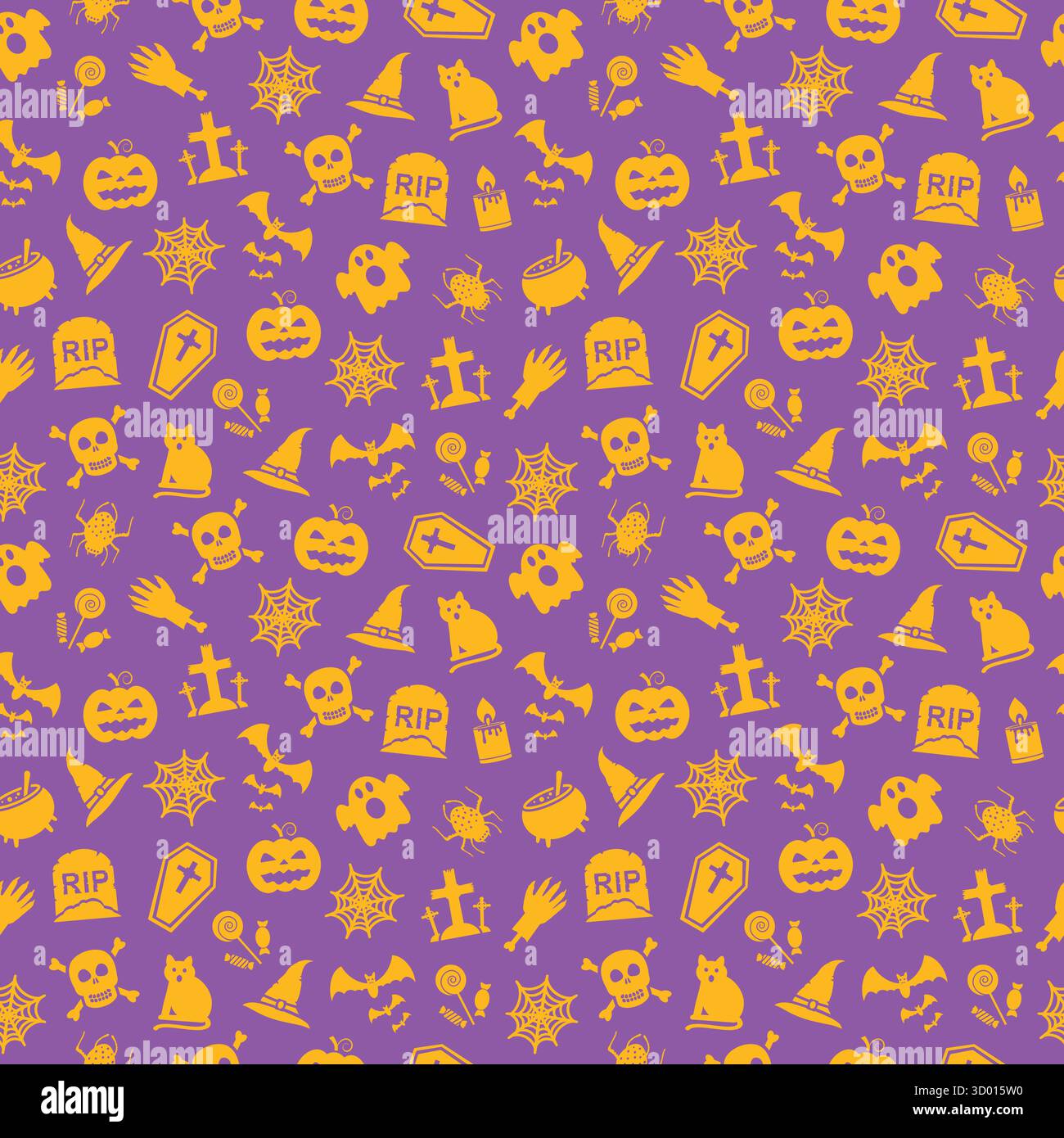 Cute Halloween seamless pattern on purple background. Vector illustration. Stock Vector