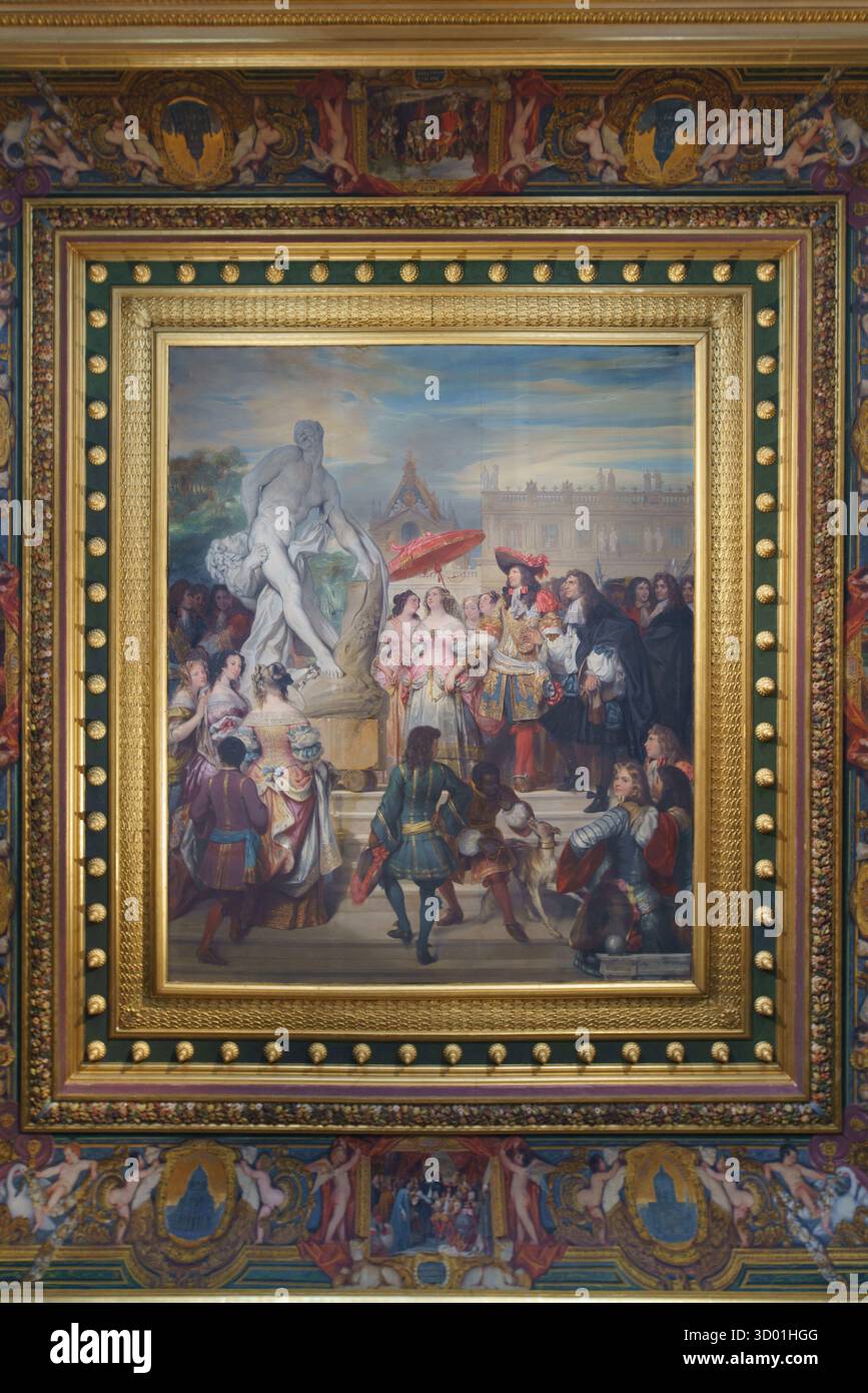 France, Ile de France region, Paris 1st arrondissement, Musée du Louvre (museum), Sully wing, Department of Greek, Etruscan and Roman Antiquities, the Galerie Campana (Room 657).  Ceiling: 'Pierre Puget presenting his statue of Milo of Croton to Louis XIV, in the gardens of Versailles' by Eugène Devéria, 1832. Stock Photo