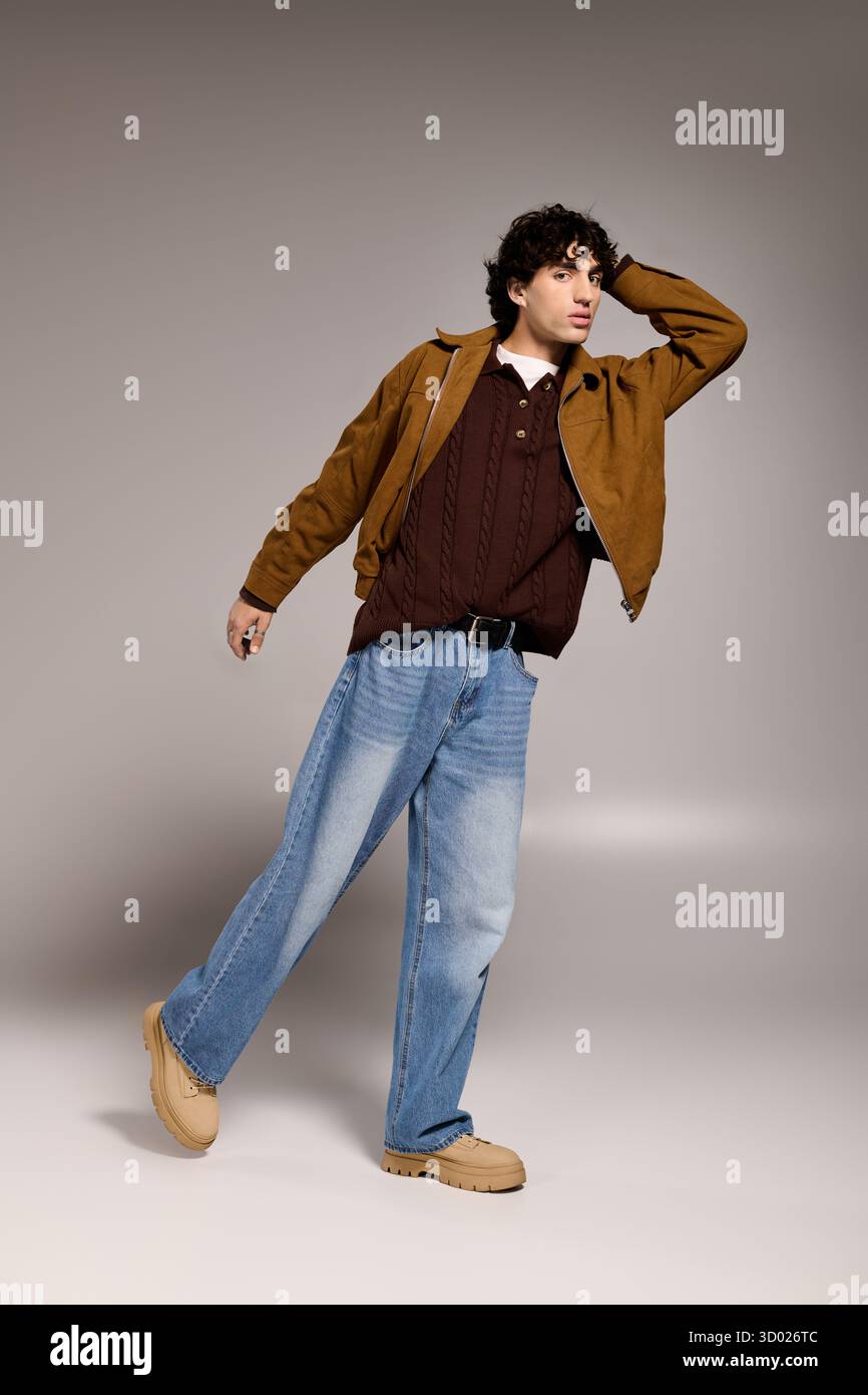 Confident young man captures attention with trendy outfit in a sleek ...