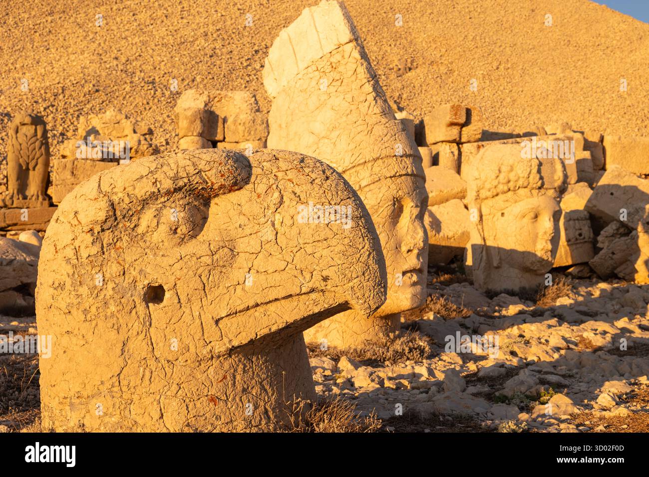Persian Eagle, Apollo and Tyche statues in Mount Nemrut at sunset. Stock Photo