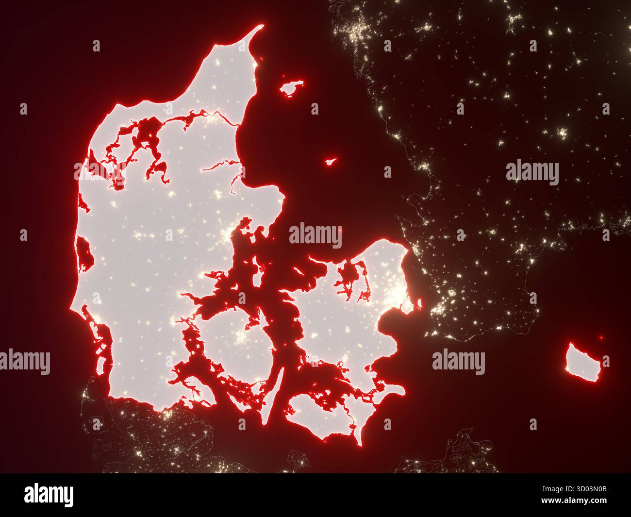 Denmark highlighted in with red glowing borders on a night map with ...