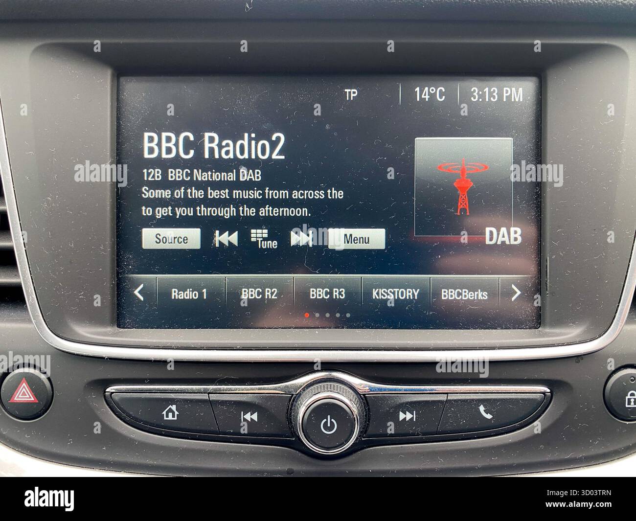 A car stereo tuned into BBC Radio 2 using DAB. - Smartphone Captured Stock Image