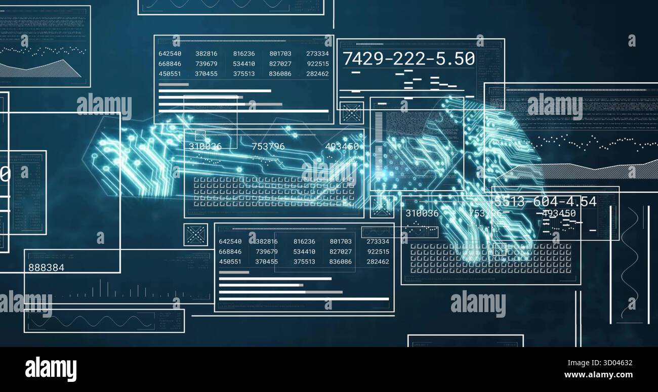 Animating holographic circuit patterns in virtual interface, with data panels and numeric readouts Stock Photo