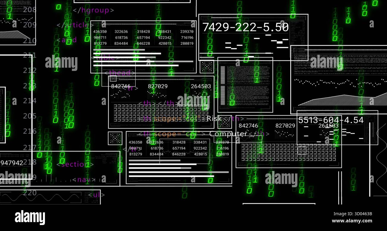 Displaying code panels with HTML-like tags in virtual interface, with cascading green binary digits Stock Photo