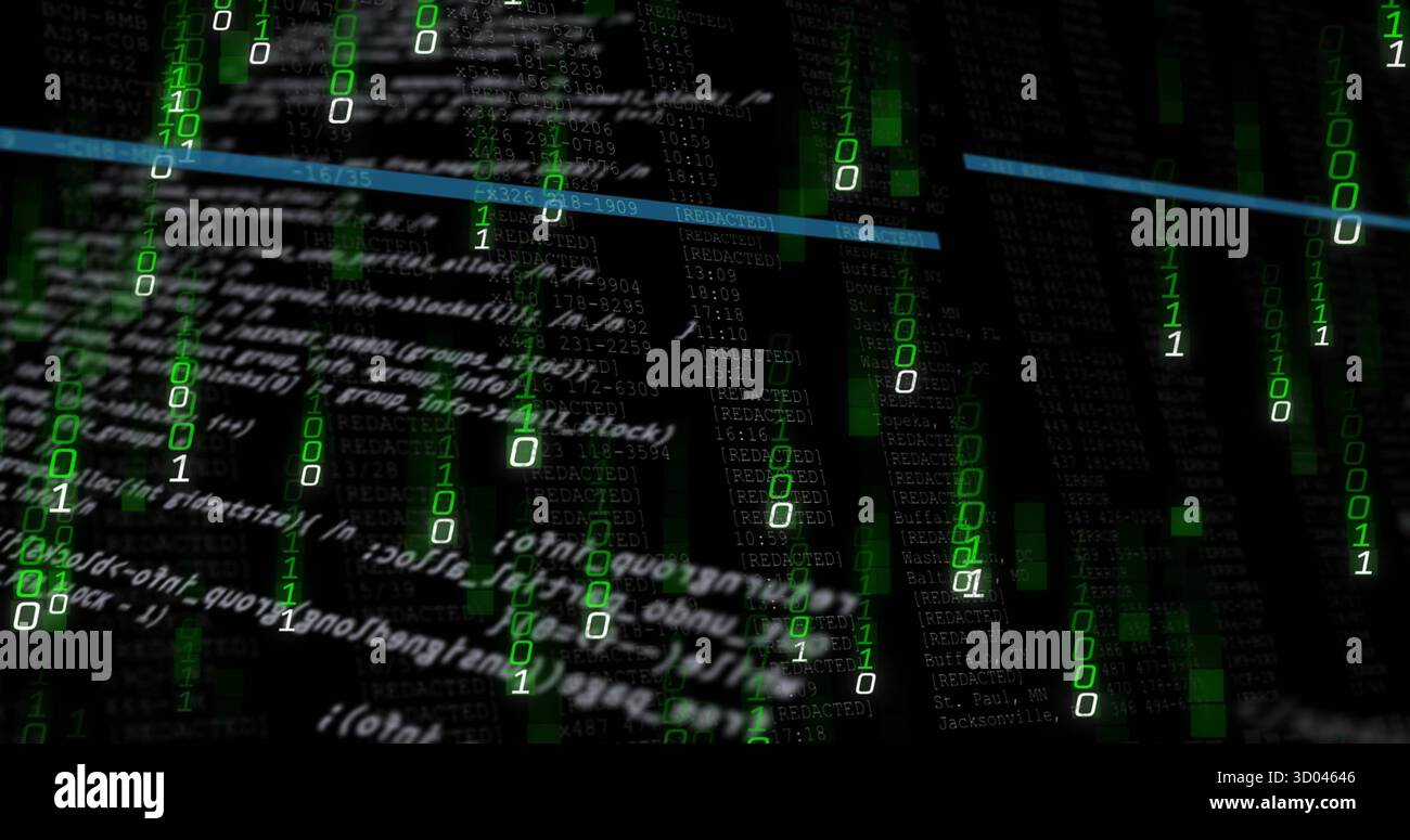 Cascading green binary digits over white code in cyberspace, with digital blocks and blue bars Stock Photo
