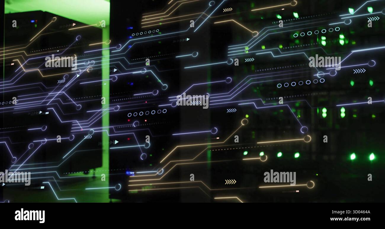 Displaying server rack cluster flashing LED lights inside data center, with network circuit overlay Stock Photo