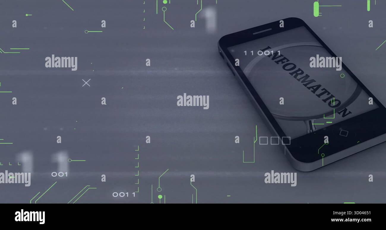 Smartphone resting on desk, showing info via magnifier with circuit and binary code, copy space Stock Photo