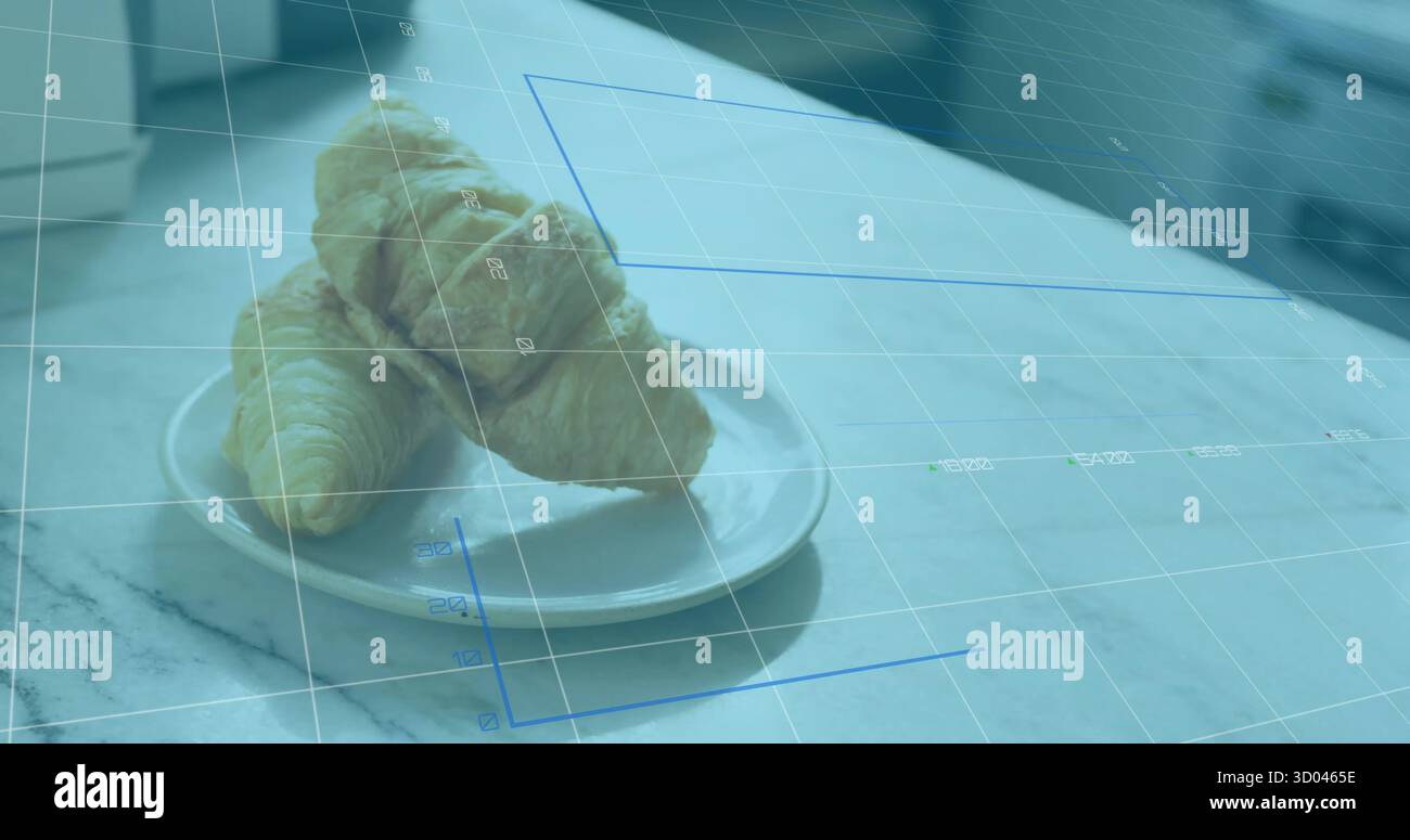 Showing white ceramic plate with two croissants on marble countertop, with faint blue grid overlay Stock Photo