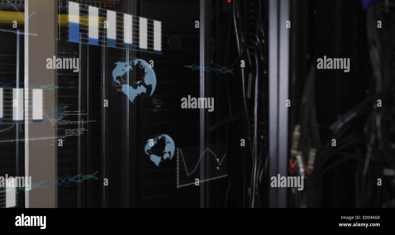 Displaying server rack cluster projecting digital UI overlays in secure data center, with cables Stock Photo