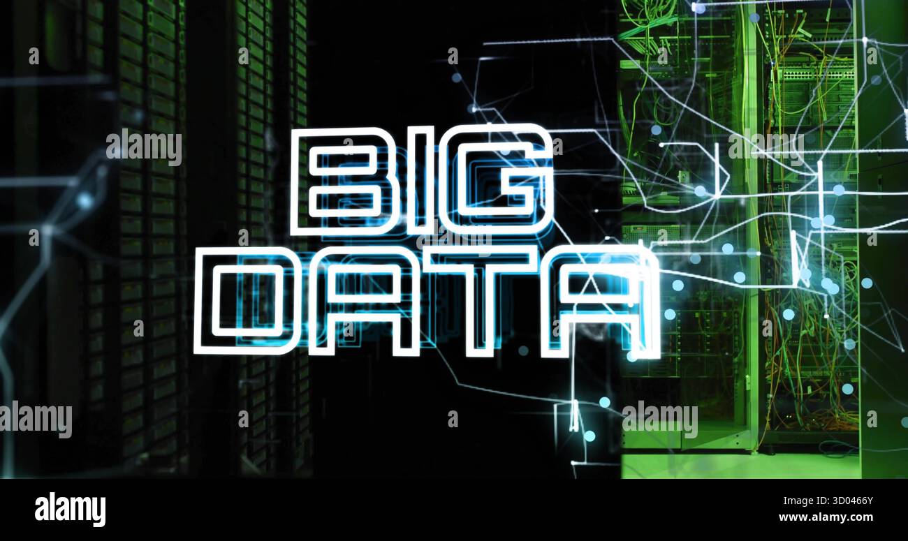 Displaying glowing BIG DATA overlay on server racks in data center, with cables and blinking lights Stock Photo