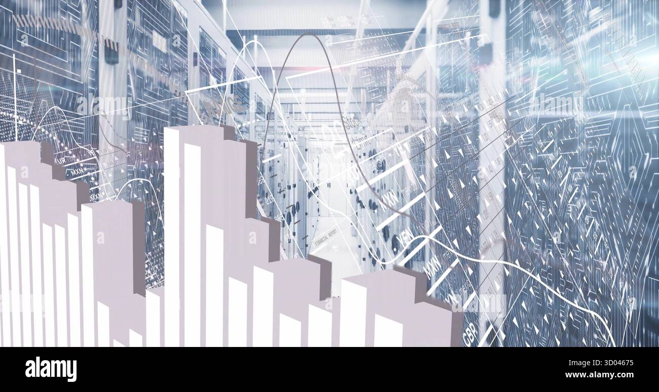 Displaying large 3D bar chart model emerging within modern data center corridor, with server racks Stock Photo