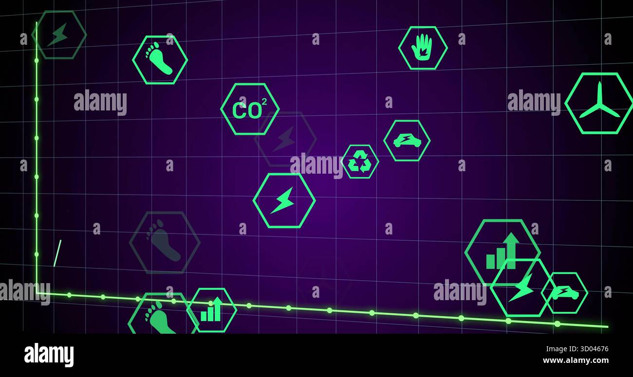 Presenting neon green line graph and hex icons tracking sustainability ...