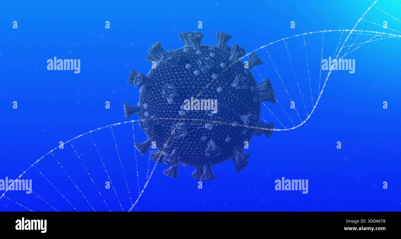 Floating 3D wireframe virus model hovering before blue backdrop, with dotted DNA double helix Stock Photo
