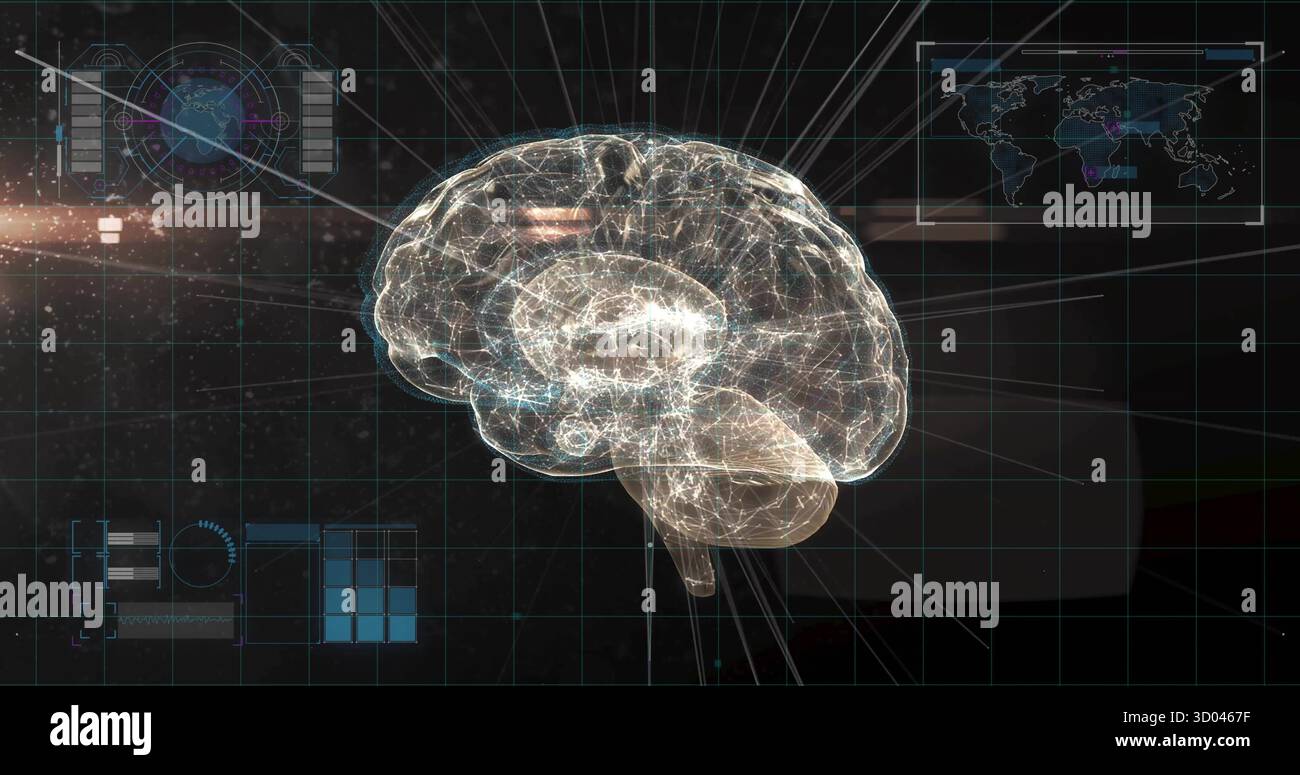 Projecting holographic brain model floating on lab display, with grid overlay and HUD elements Stock Photo