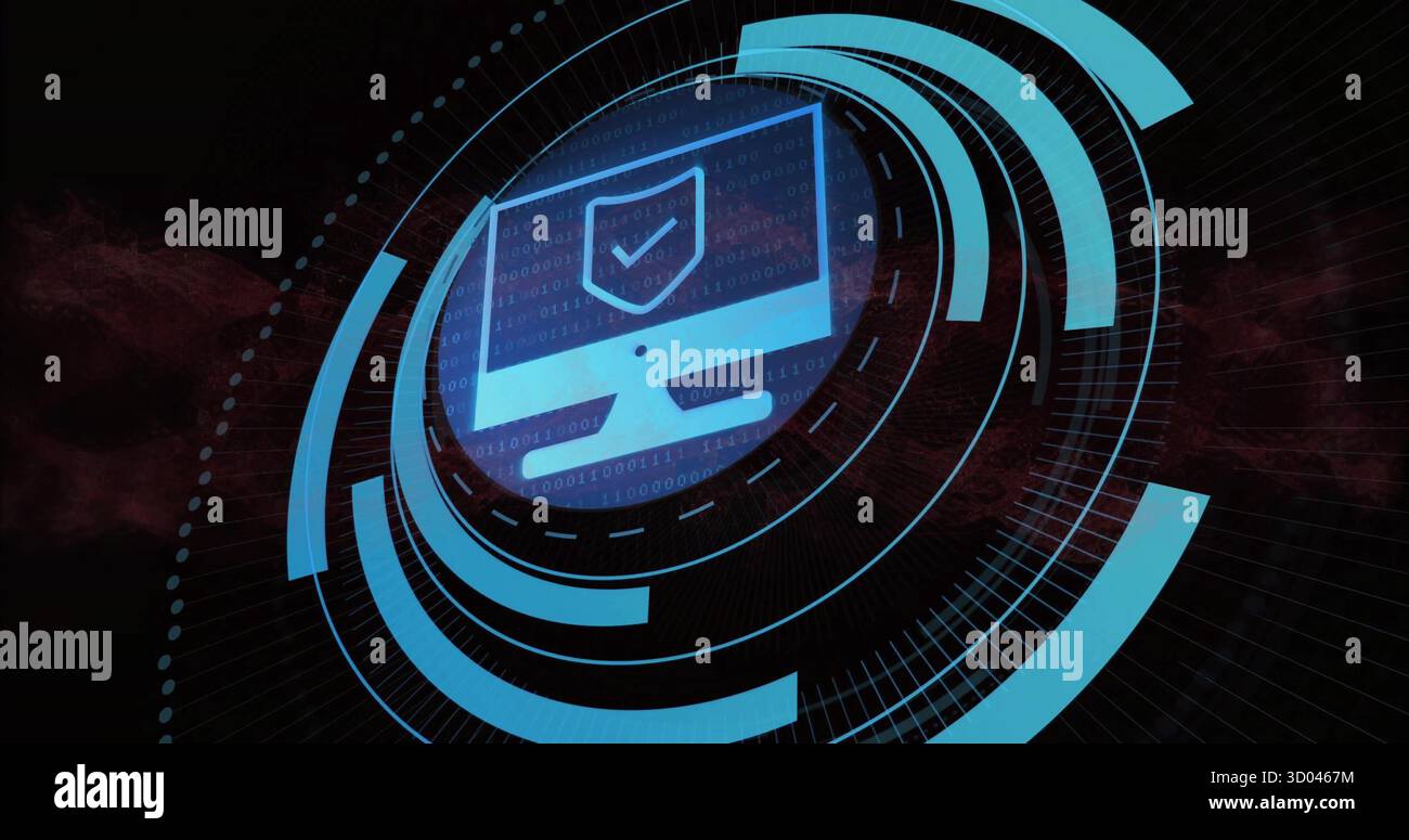 Displaying computer monitor icon showing shield and checkmark in cyberspace with binary code Stock Photo