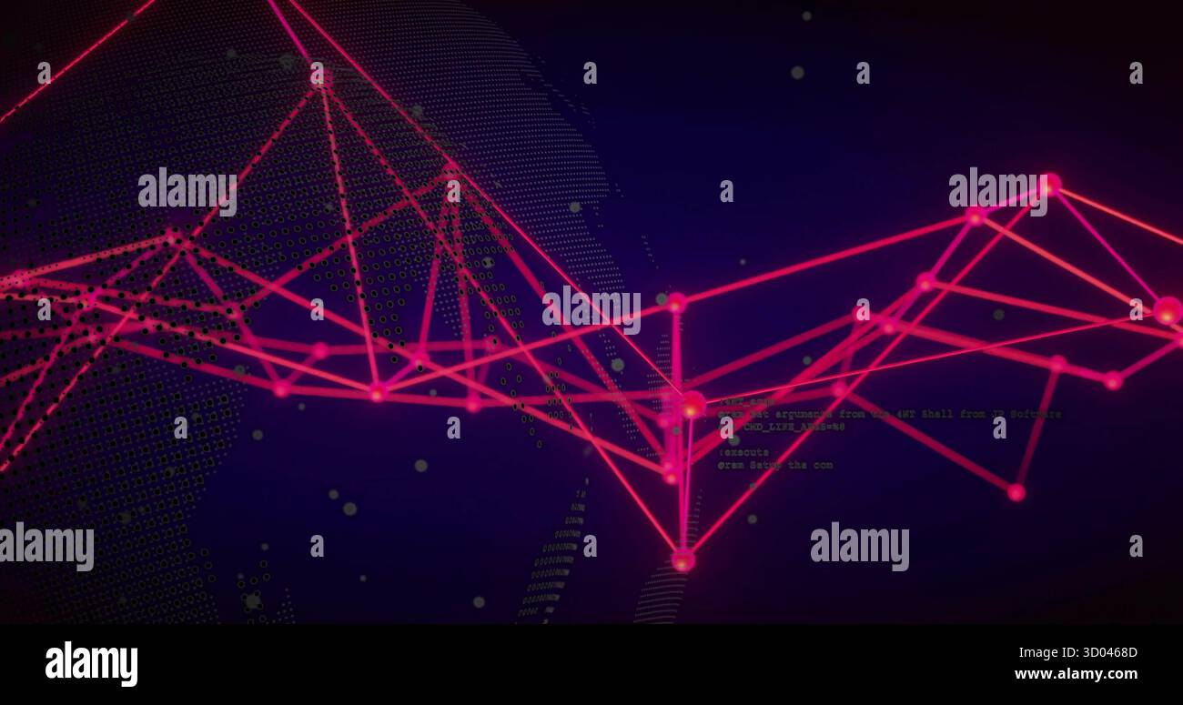 Displaying glowing nodes forming network over virtual space, with globe grid and green data points Stock Photo