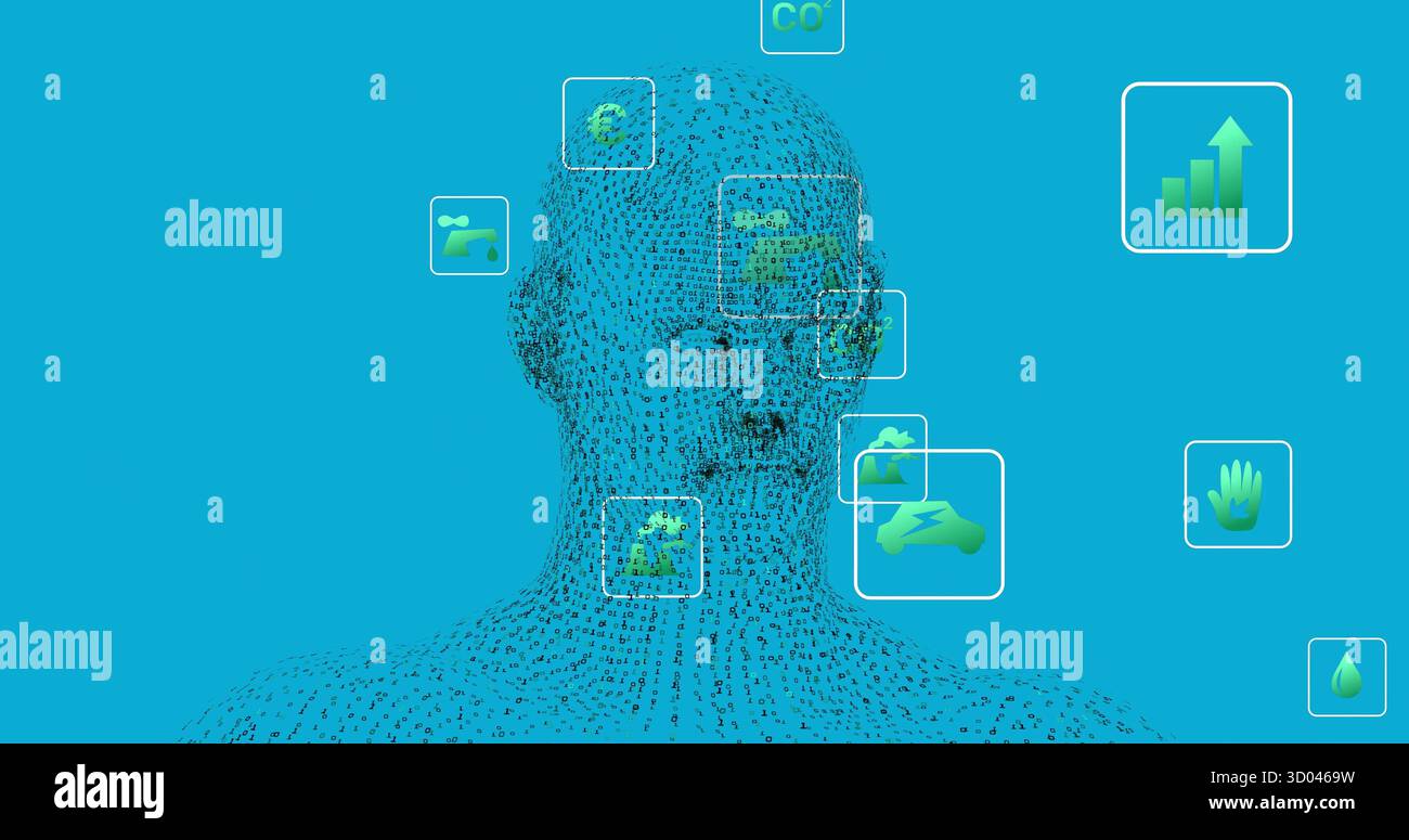 Standing binary-digit bust against turquoise interface, with floating frames holding green icons Stock Photo