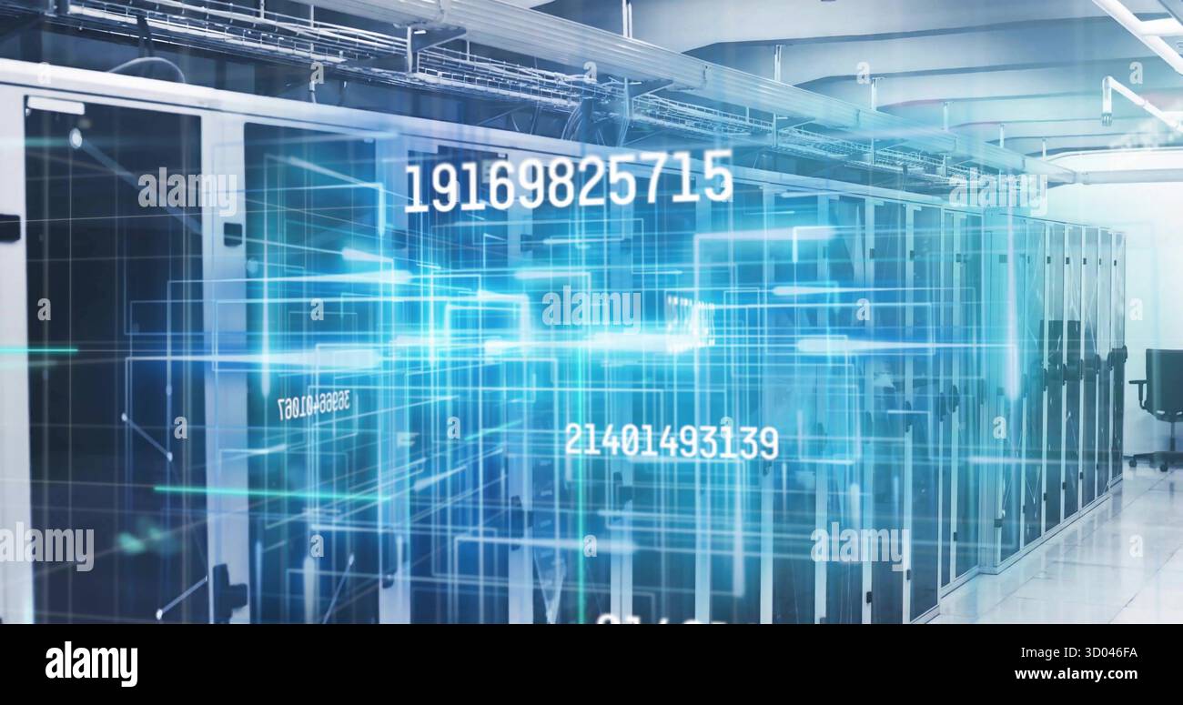 Showing server rack featuring LED lights and overhead cables in server room, with code overlay Stock Photo