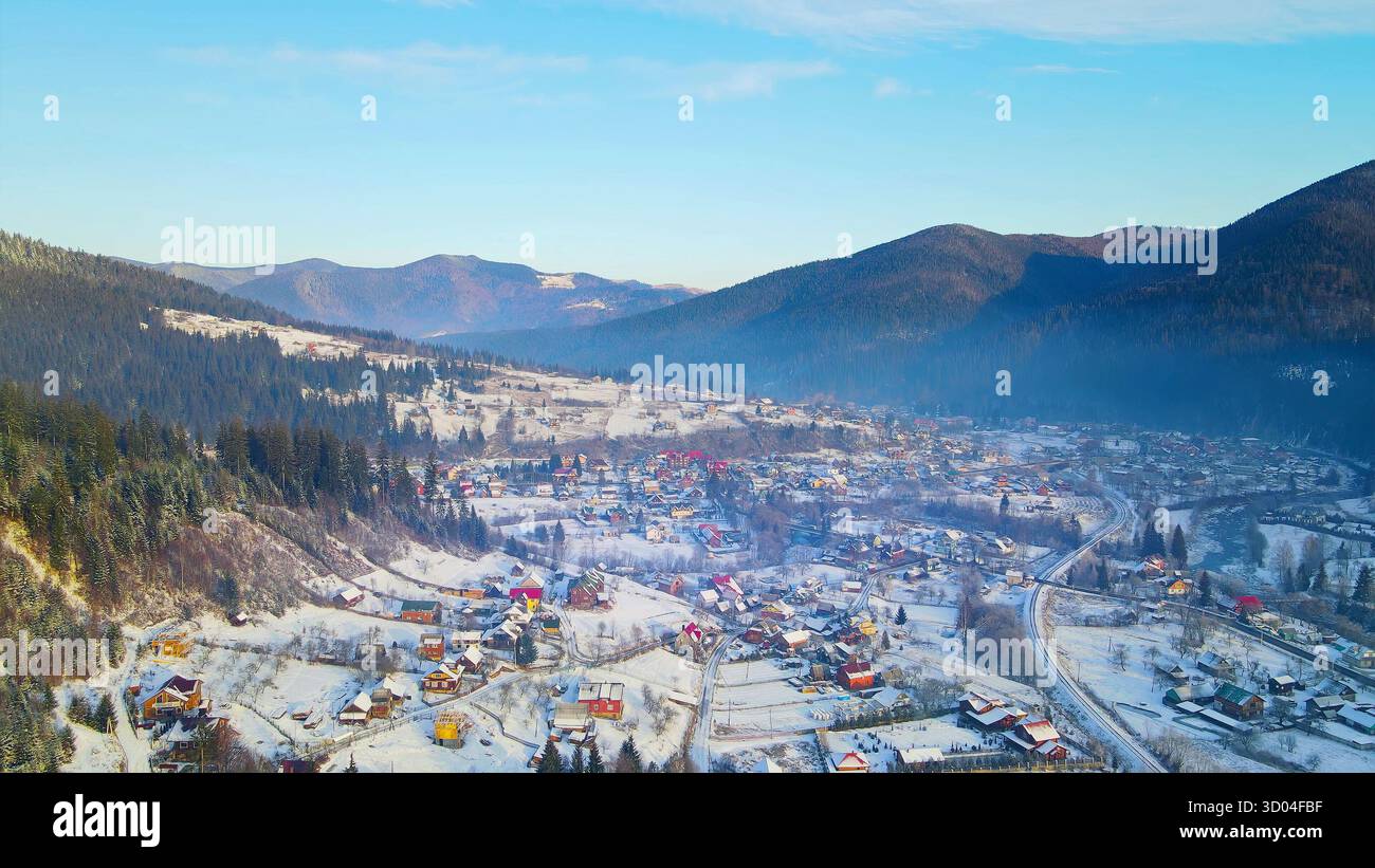 Winter Mountain Village Aerial Landscape. Aerial view of a picturesque ...
