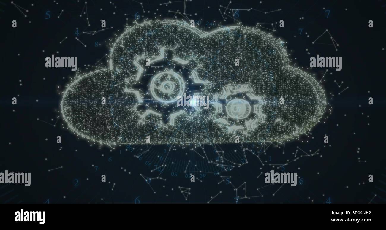 Digital cloud shape forming in data network interface, with glowing data points and gear icons Stock Photo