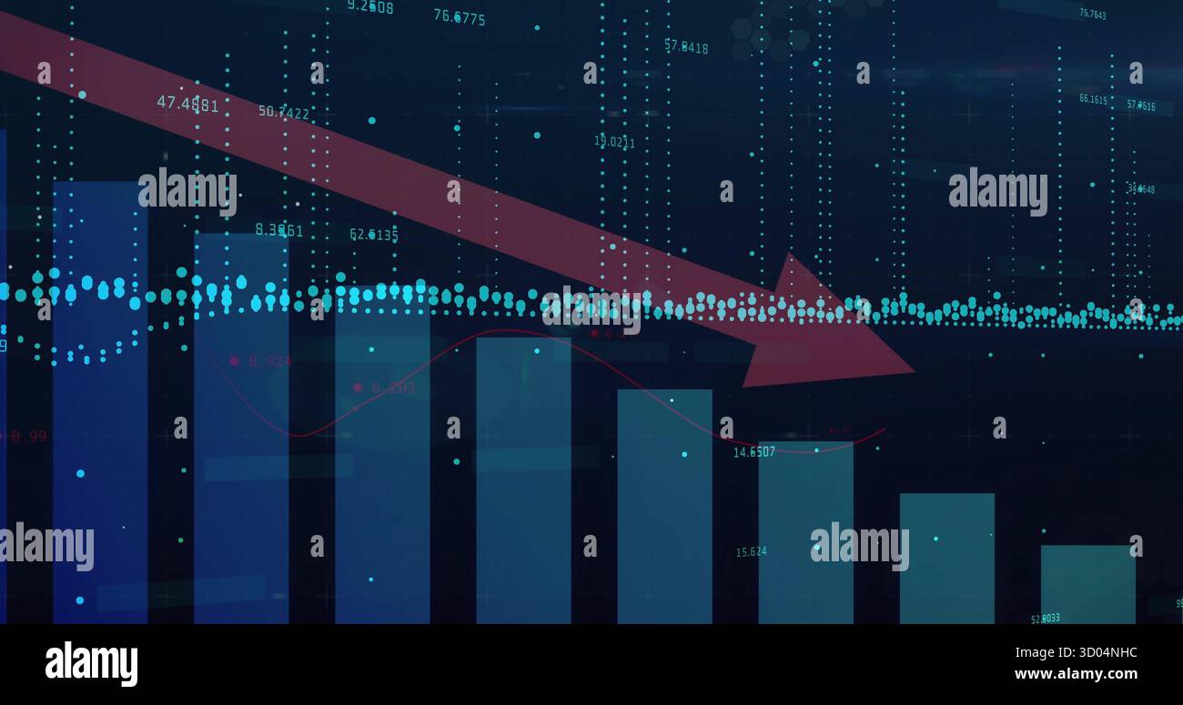 Indicating negative trend red arrow slanting down on finance dashboard ...