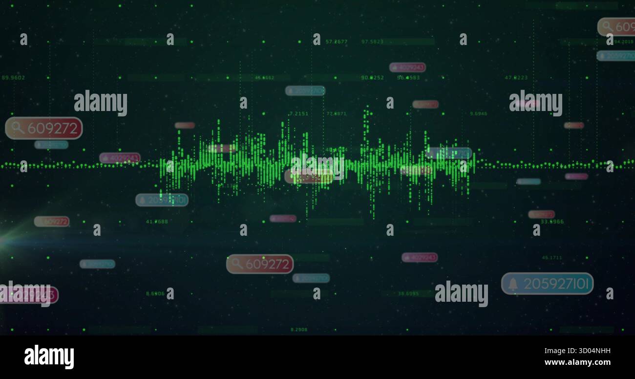 Displaying green waveform pulsing across interface, with floating numeric labels and particles Stock Photo