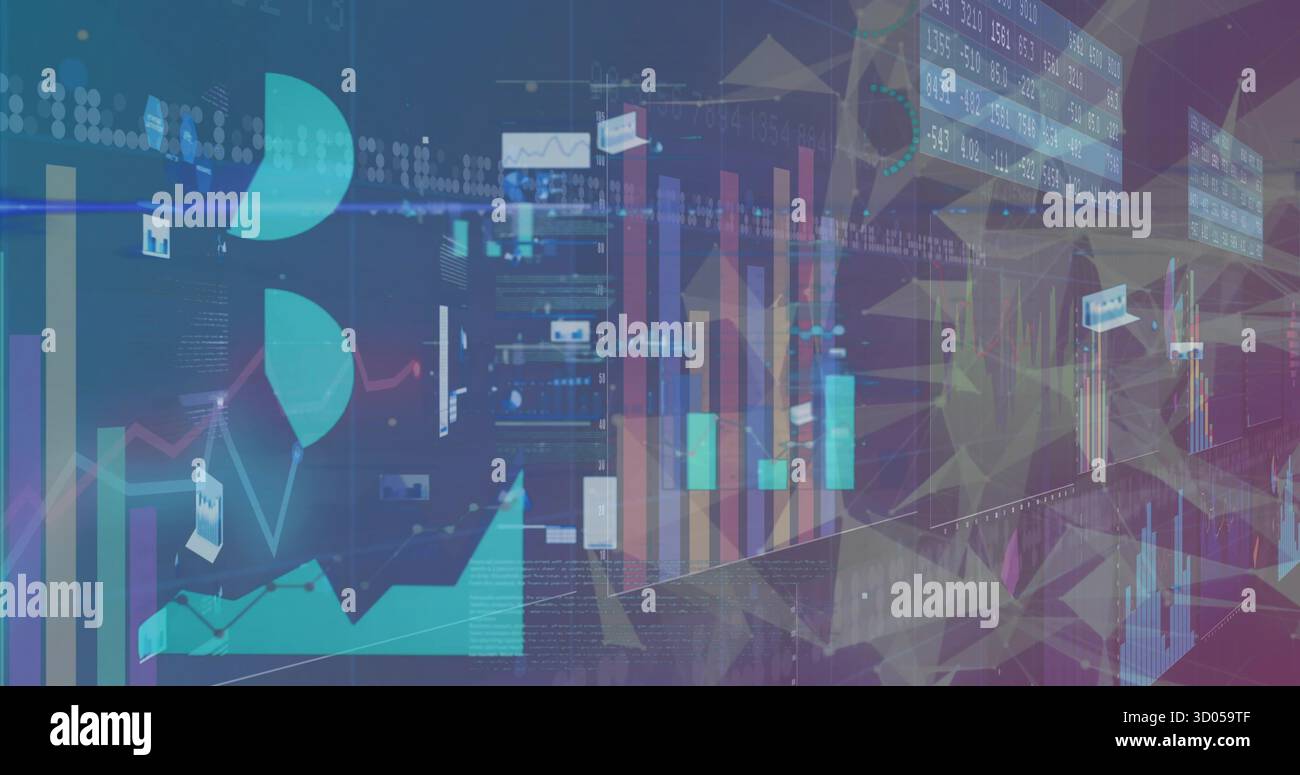 Displaying dashboard showing bar and pie charts, line graphs, data panels, mesh over gradient Stock Photo