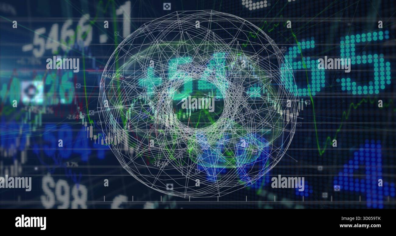 Displaying 3D wireframe sphere rotating on trading interface, with candlestick charts and tickers Stock Photo