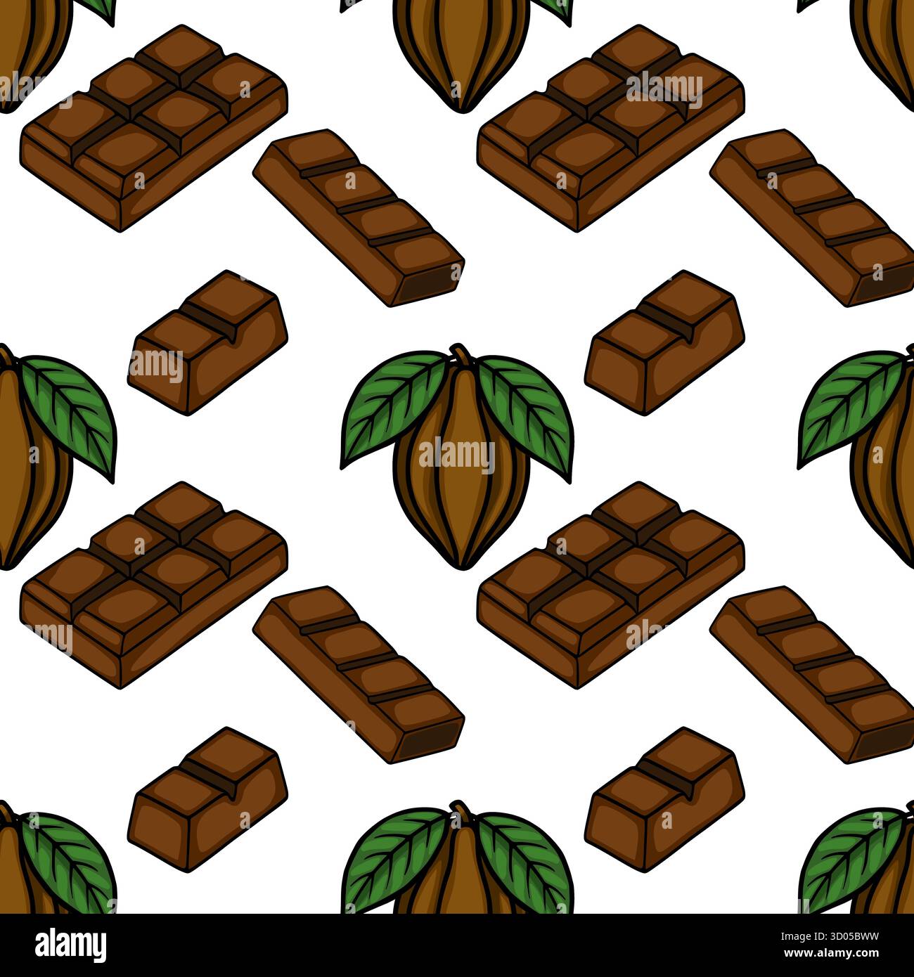 Seamless vector pattern featuring isometric milk chocolate bars and cocoa pods with green leaves. Stock Vector